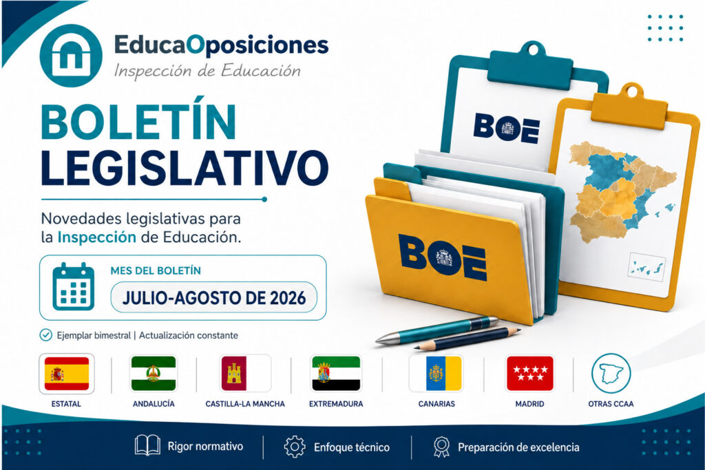 Boletín legislativo educativo julio-agosto 2026 de EducaOposiciones sobre normativa educativa e Inspección Educativa