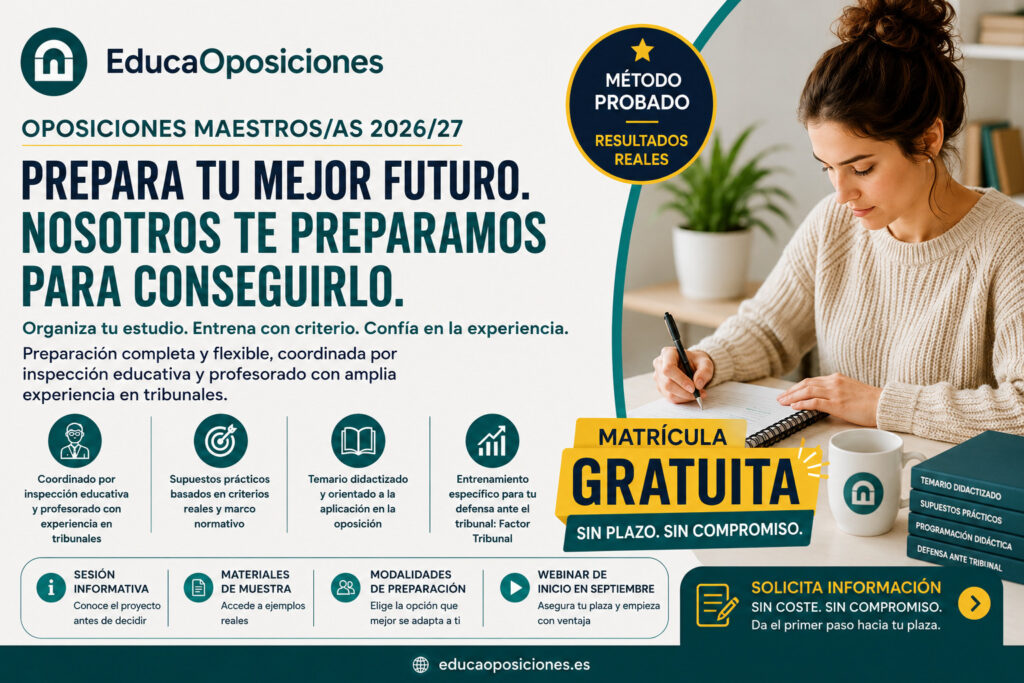 Preparación de oposiciones de Maestros 2027 en EducaOposiciones con temario, supuestos prácticos, programación didáctica y entrenamiento para la defensa ante el tribunal.