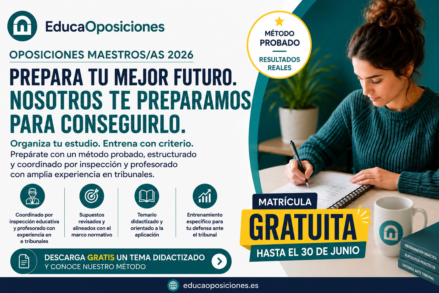 Texto alternativo: Oposiciones de Maestros 2026 con matrícula gratuita hasta el 30 de junio en EducaOposiciones